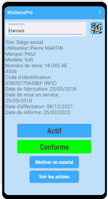 Accès aux informations de l'EPI scanné dans l'application MaSecuPro