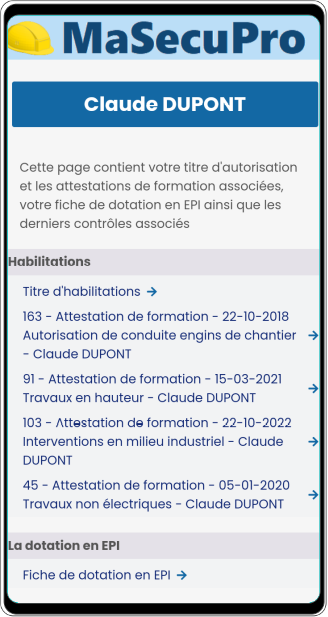 Copie d'écran du module de gestion des habilitations de MaSecuPro Copie d'écran du module de gestion des habilitations de MaSecuPro