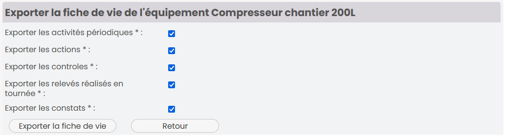 Options d'export de la fiche de vie d'un équipement